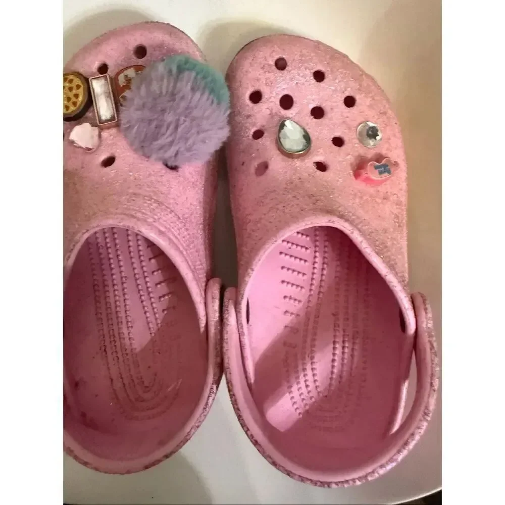 Crocs Girls Glittered Jibbitz Classic Clog Sandals Pink Size 4